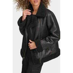 NEW Levi's Black Shearling Faux Leather Moto Jacket Large Trucker Sherpa $225